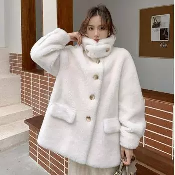 Новое зимнее пальто из овечьего флиса, женское шерстяное пальто, универсальное свободное пальто из искусственного меха из овечьей шерсти, кожаное шерстяное цельное пальто