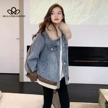 Новое зимнее пальто в гонконгском стиле в стиле ретро на флисовой подкладке из овечьей шерсти с шерстяным воротником, джинсовое пальто с хлопковой подкладкой, одежда из щуки для женщин S синий