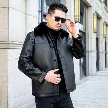 Новое зимнее повседневное кожаное пальто с лацканами и пуговицами для мужчин среднего и старого папы, утолщенная флисовая белая меховая куртка для мужчин 52/L