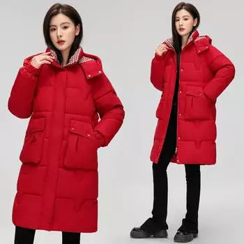 Новое зимнее пуховое пальто для женщин, новое красное модное утолщенное пальто средней длины, свободное пальто M чёрный