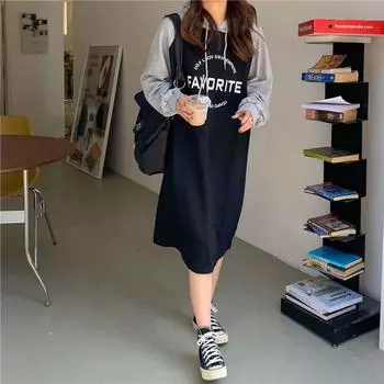 Новое зимнее свободное платье-толстовка с капюшоном в стиле ленивой моды для женщин, плюс бархатная утолщенная юбка выше колена, узкая юбка Fat MM One size чёрный