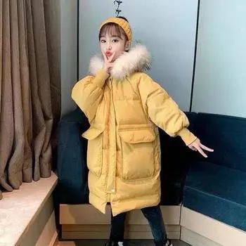 Новое зимнее утолщенное теплое пуховое пальто средней длины для девочек на хлопковой подкладке 120cm жёлтый