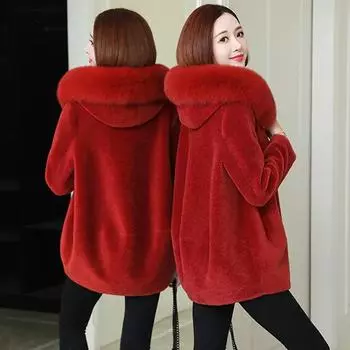 Новое зимнее женское пальто из искусственного меха, плотное теплое пальто из овечьего меха с капюшоном 5XL, элегантная длинная куртка, женская зимняя верхняя одежда XL