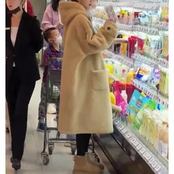 Новое зимнее женское утолщенное пальто с пряжкой из рога, нежное, свободное и ленивое пальто из овечьей шерсти с капюшоном S [80-50 kg] хаки