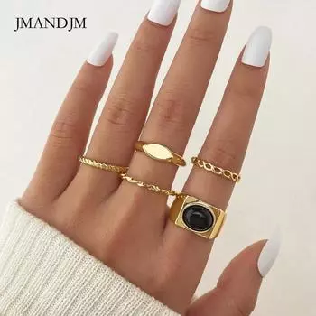 Новое золотое кольцо на костяшку пальца, набор из 5 предметов, ретро геометрический овал с черным драгоценным камнем, металлическое кольцо для женщин