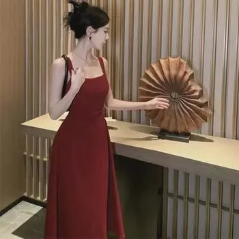 Новогоднее красное платье с тонкой талией и подтяжками для женщин - весеннее повседневное платье для помолвки XL красный