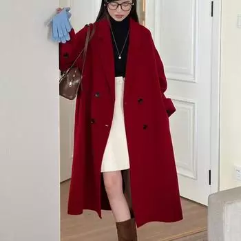 Новогоднее красное шерстяное пальто женское зимнее двухстороннее шерстяное пальто универсальное длинное S