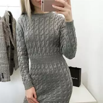 Новогоднее красное витое вязаное платье-свитер женское облегающее платье с длинными рукавами женское зимнее теплое трикотажное платье Vestidos S бежевый