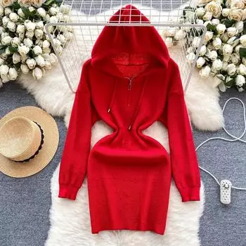 Новогоднее пальто, красное платье, женское осенне-зимнее новое дизайнерское платье с капюшоном на молнии, облегающая юбка на бедре, трикотажные юбки One Size чёрный