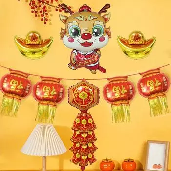 Новогоднее украшение из воздушных шаров с китайским драконом Воздушные шары с благословением на год дракона, украшения из воздушных шаров с красными фонарями, воздушные шары с фейерверками