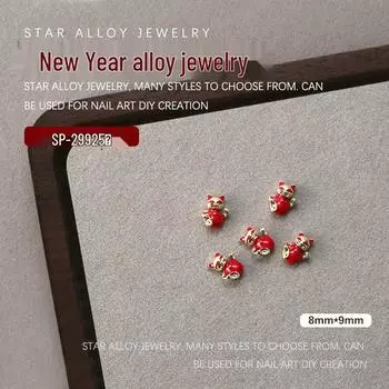 Новогодние красные металлические украшения для ногтей в виде счастливого кота и юаньбао - 5 неправильной формы, год Змеи
