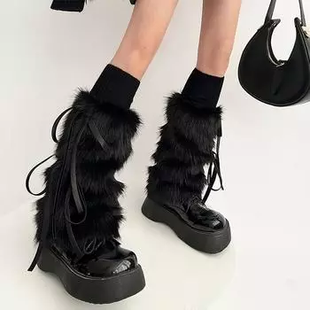 Новогодние осенние и зимние гетры с завязками для волос длиной до середины икры y2k Spice Girls, утолщенные носки из искусственного меха кролика, белые теплые женские