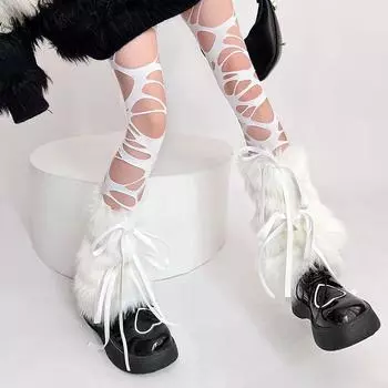 Новогодние осенние и зимние гетры с завязками для волос длиной до середины икры y2k Spice Girls, утолщенные носки из искусственного меха кролика, белые теплые женские