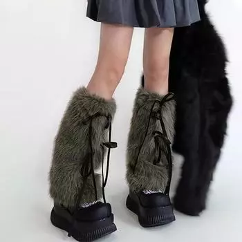 Новогодние осенние и зимние гетры с завязками для волос длиной до середины икры y2k Spice Girls, утолщенные носки из искусственного меха кролика, белые теплые женские