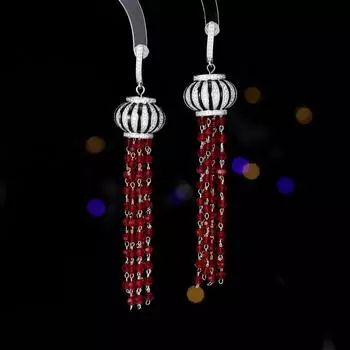 Новогодние серьги 2024 года, ретро-серьги Guochao, высококачественные длинные серьги-фонарики с бахромой из кристаллов в праздничной атмосфере красный