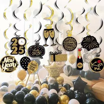Новогодние спиральные подвесные украшения 2025 года, черные и золотые бокалы для шампанского, воздушные шары, дизайн фейерверков, праздничные украшения для дома и кухни