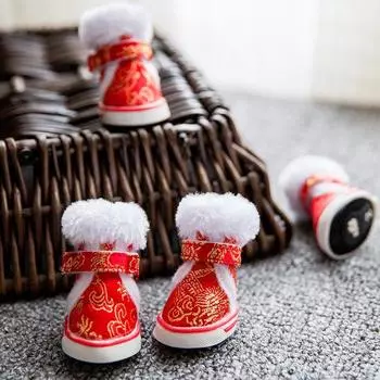 Новогодние туфли тан с тигриной головой для собаки, обувь для питомца, праздничный китайский Новый год, набор из 4 накладок на лапы, зимняя теплая обувь для маленькой собаки No. 3 (recommended weight 6-4 kg)