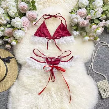 Новогодний эротический комплект нижнего белья с маленькой грудью, французское кружево с тремя точками, соблазнительный комплект S