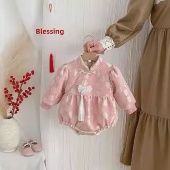 Новогодний бархатный комбинезон в китайском стиле для девочек - теплая зимняя одежда 66 cm розовый