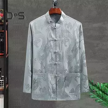 Новогодний китайский традиционный мужской костюм Тан, рубашка с воротником-стойкой, рубашка с длинными рукавами и принтом дракона, карманы, дизайн, топы тай-чи M серый