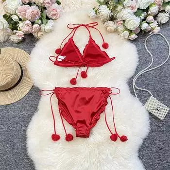 Новогодний комплект красного нижнего белья с тремя точками, сексуальный эластичный атласный ремешок, подвеска в виде шарика волос S
