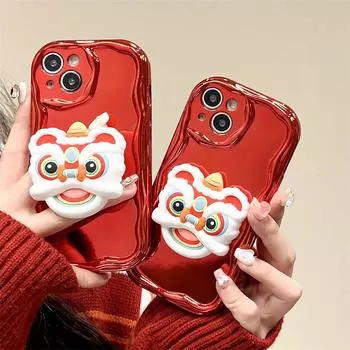 Новогодний красный милый чехол для телефона с подставкой для танца льва для iPhone 15 14 13 12 11 Pro Max XR XS Huawei Mate 60 Pro Чехлы для защиты от падения «все включено» iPhone 15 Pro Max