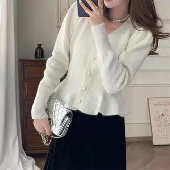 Новогодний красный рыбий хвост яркий шелковый свитер маленький ароматный ветер осень и зима новый дизайн темперамент тонкий вязаный кардиган женский one size fits all красный