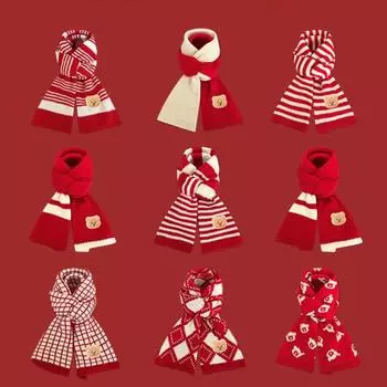 Новогодний красный вязаный шарф зимний рождественский подарок милый шарф с медведем универсальный шерстяной шейный платок 130*20CM