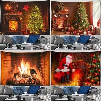 Новогодний Санта-Клаус Гобелен Праздник Рождественская елка Подарок Стена Красная печь Дом Гостиная 100x75cm