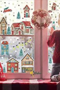 Новогодний снежный город, новогодний набор наклеек для детской комнаты, рождественский орнамент, новогодняя зимняя концепция
