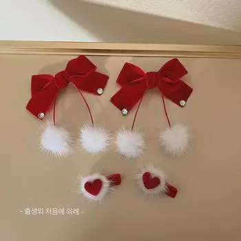 Новогодняя красная бархатная заколка-бантик: Милая двойная заколка для хвостика с сердечком для девочек