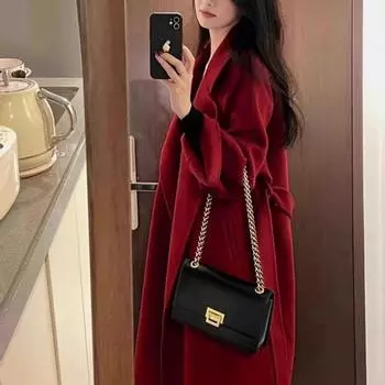 Новогодняя красная пуховая хлопковая одежда женская зимняя утепленная съемная высококачественная пуховая хлопковая подкладка кашемировое шерстяное пальто XS [within 50kg]