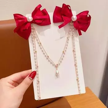 Новогодняя красная заколка для волос с кисточками и жемчугом, милая заколка для волос, заколки для волос принцессы для девочек, новогодние аксессуары для волос A1