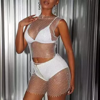 Новогодняя одежда ночной клуб сексуальная сетка вспышка алмаз жилет бедра юбка женщины XS