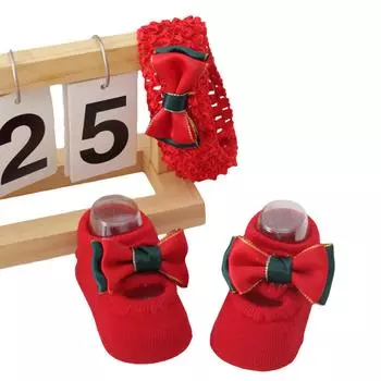 Новорожденная Девочка Рождественские Носки Головной Убор Набор Прекрасный Большой Бант Нескользящие Носки Теплые Напольные Носки для Ползания Повязка на Голову 0-12 Месяцев 0-6M