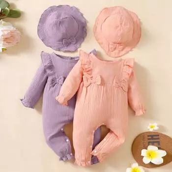 Новорожденные девочки комбинезон с бантом и оборками топы штаны шапочка комбинезон наряды комплект одежды 0-3 Months розовый