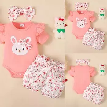 Новорожденные девочки комбинезон с оборками и кроликом топы шорты праздничные наряды одежда лето