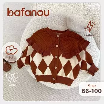Новорожденный осенний вязаный кардиган с оборками и воротником свитер пальто для малышей девочек трикотажная одежда S213 66cm(3-6M) коричневый