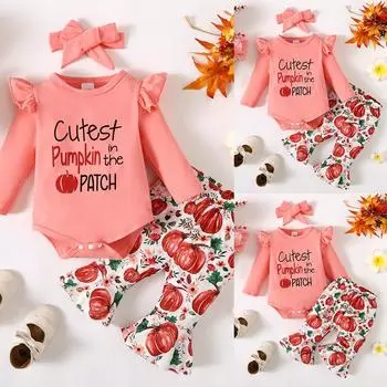 Новорожденный ребенок девочка тыква комбинезон с длинными рукавами расклешенные штаны бант повязка на голову комплект из 3 предметов 0-3 Months розы красного