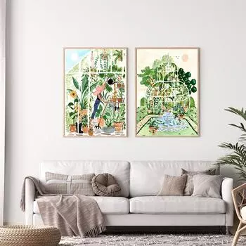 Новозеландский пейзаж Плакаты и принты Теплица Настенная живопись Холст Картина Девушка с ботаническими растениями Картины для гостиной 21x30cm No Framed синий