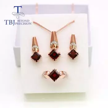 Новые 100% натуральные квадратные серьги с красным гранатом, серьги с подвеской, комплект ювелирных изделий, женские изысканные украшения, подарок на годовщину us ring size 6# красный