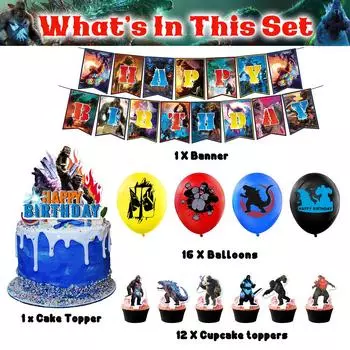 Новые 30 шт. украшений для вечеринки Годзиллы включают топперы для торта, воздушные шары, баннер