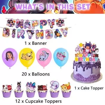 Новые 34 шт. Новые плюшевые игрушки Aphmau Cat Party Supplies включают топпер для торта, баннер, воздушные шары