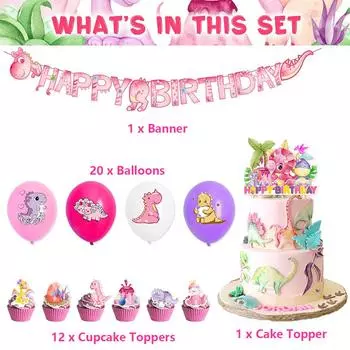 Новые 34 шт. украшений для вечеринки динозавров для девочек, включая баннер, топпер для торта, воздушный шар