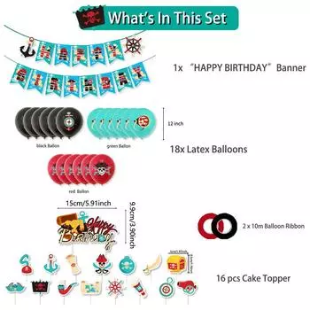 Новые 37 шт. Пиратские украшения для вечеринки включают баннер, топперы для торта, латексные и фольгированные шары