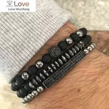 Новые 3 шт. / Наборы микро-паве Cz 8 мм диско-шарики и планки браслеты наборы 6 мм матовые бусины камень браслет мужчины женщины ювелирные изделия Bileklik