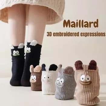 Новые 3D вышитые мультяшные плюшевые женские носки осенние носки средней длины ретро-цвета Майяра высокие эластичные носки one size чёрный