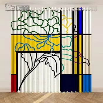 Новые абстрактные Мондриан Трехцветные Клетчатые Красные Желтые Синие Геометрические Лоскутные Полузатемняющие Шторы Гостиная Окно Короткая Штора 2x50W100H(CM)&Grommet Top