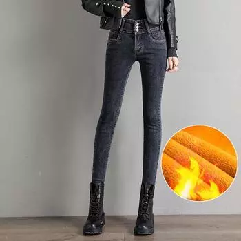Новые эластичные теплые женские джинсы большого размера в стиле ретро с высокой талией 25 чёрный