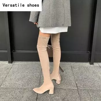 Новые эластичные женские сапоги выше колена, модные застежки-молнии сзади, тонкие длинные сапоги, осенне-зимние туфли на высоком каблуке 35